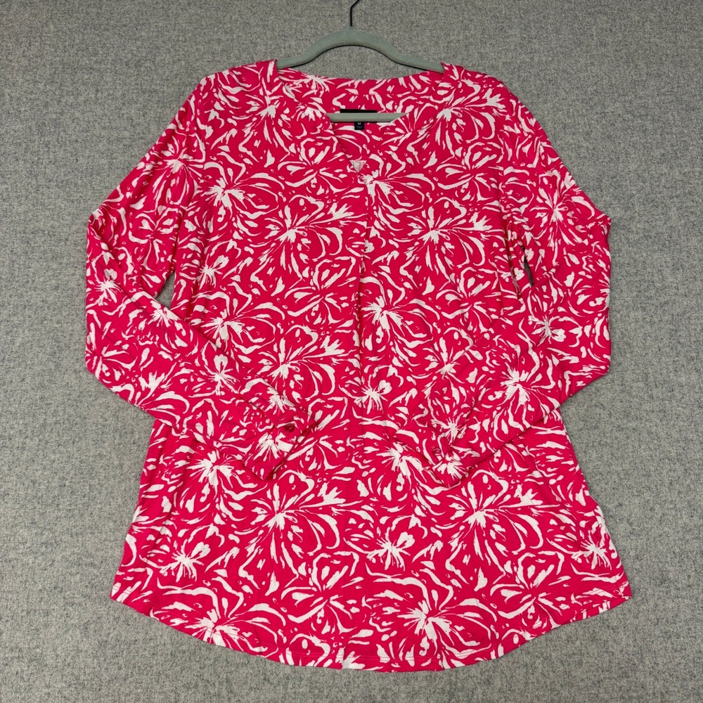 TravelSmith | Long Sleeve Top |Medium |Pink White | Floral Abstract Split V-Neck